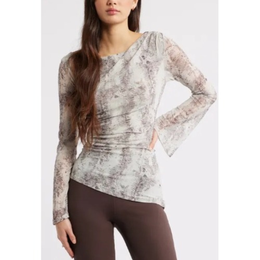 NWT‎ OPEN EDIT Mesh Bell Sleeve Top Grey-Brown Snakeskin Women Size Large Party